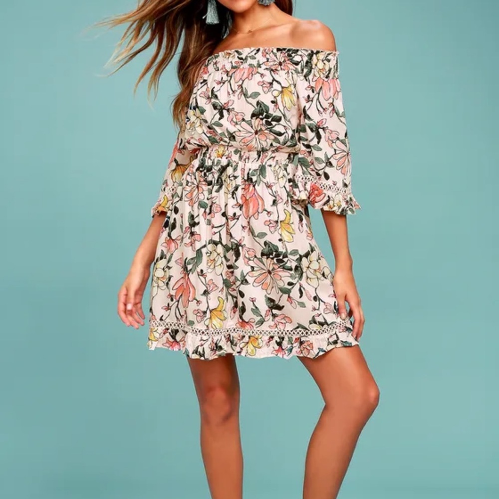NWT Lulus Hello, Darling Blush Pink Floral Print Off-the-Shoulder Dress - Picture 4 of 6